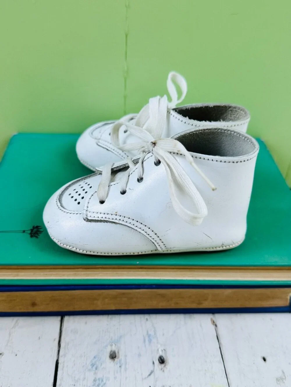 Vintage White Leather Baby Shoes Lace Up Crib Booties Nursery Decor